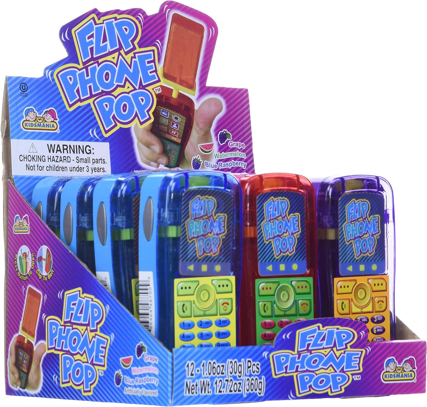 Kidsmania Flip Phone Pop Candy- Retro Cell Phone Shaped Lollipop Candy - 3 Pack Set (Blue Raspberry, Watermelon, Grape)