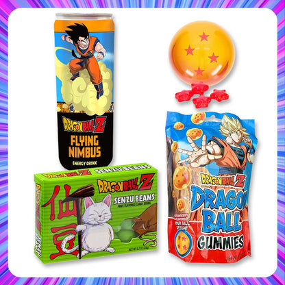 Ultimate Dragon Ball Z Fan Bundle: Energy Drink, Senzu Bean Candy, Dragon Ball Candy Tin & Gummy Bag