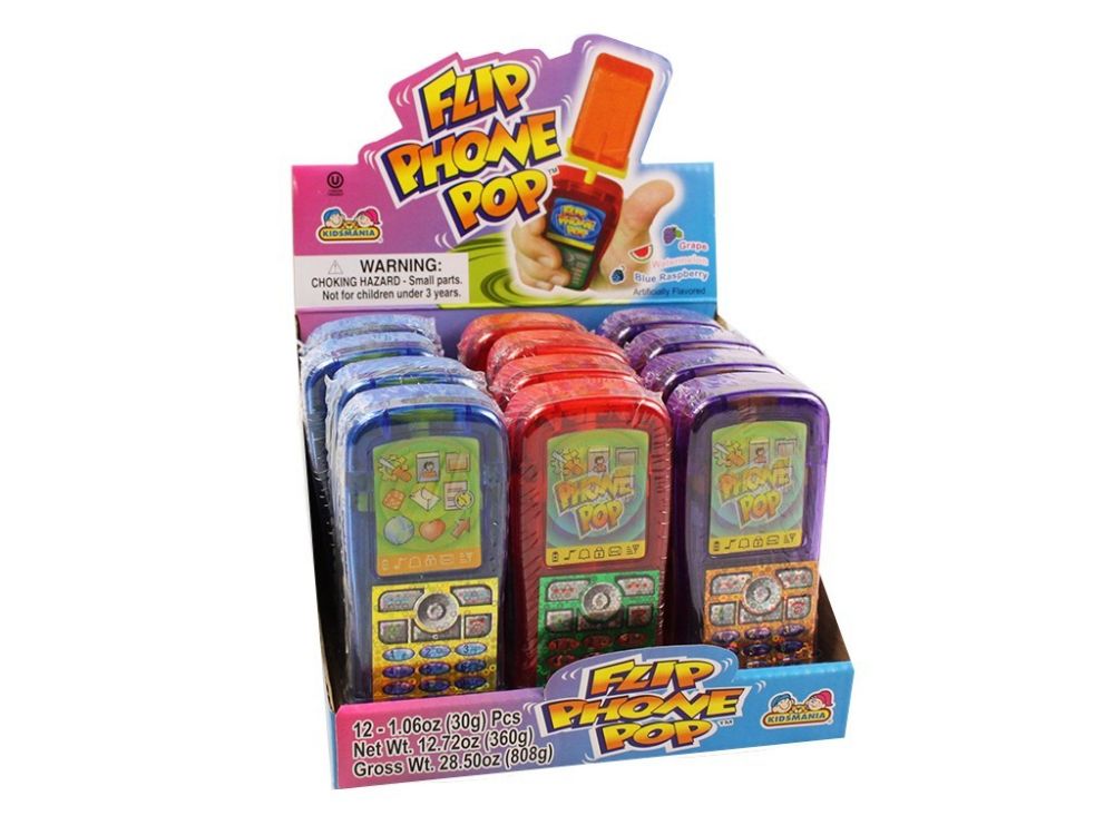 Kidsmania Flip Phone Pop Candy- Retro Cell Phone Shaped Lollipop Candy - 3 Pack Set (Blue Raspberry, Watermelon, Grape)